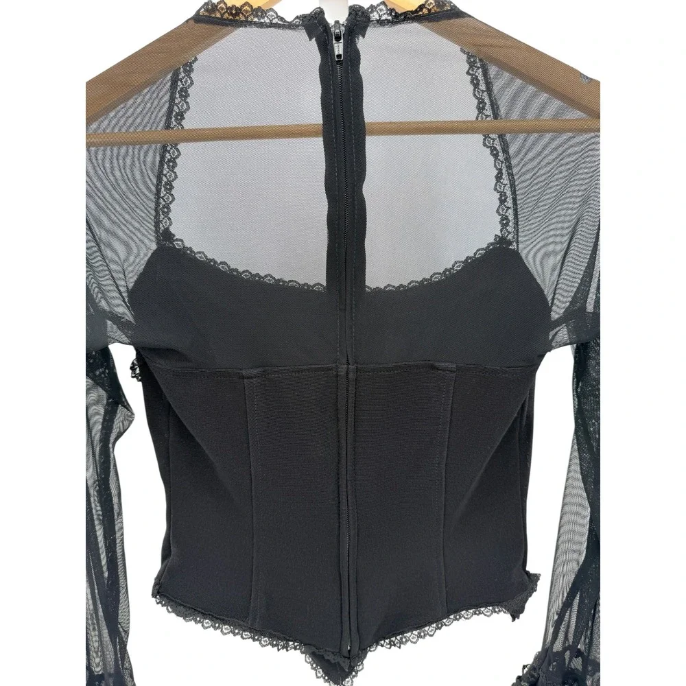 Tadashi Black Mesh Ruffle Corset Top Long Sleeve Victorian Gothic Vintage Size M
